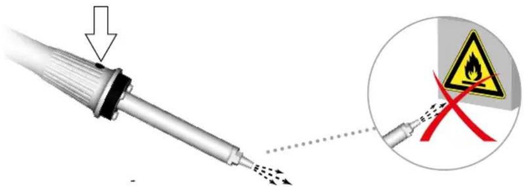 Diagram illustrating a welding torch with warning symbol and safety warning label, showing flame hazard detection.