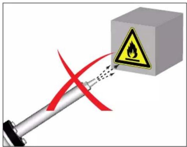 Safety warning diagram showing a flame symbol on a cube with red X mark indicating explosion or damage