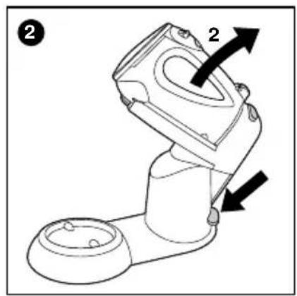 Technical diagram of a mechanical device with labeled parts and directional arrows indicating movement or force