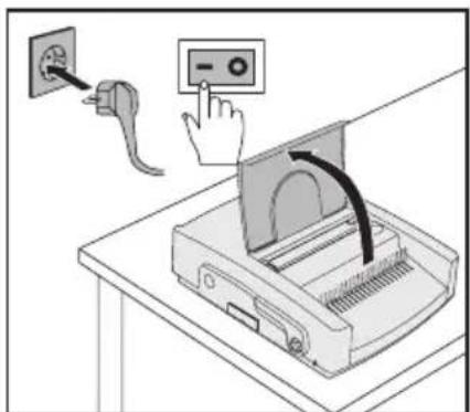 Diagram showing installation of a printer with an electrical outlet, including a hand pointing to a control panel.