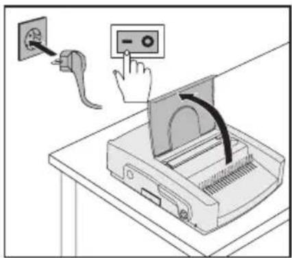 Diagram showing a hand pressing a power outlet into a printer with a control panel, illustrating electrical circuitry or wiring process.