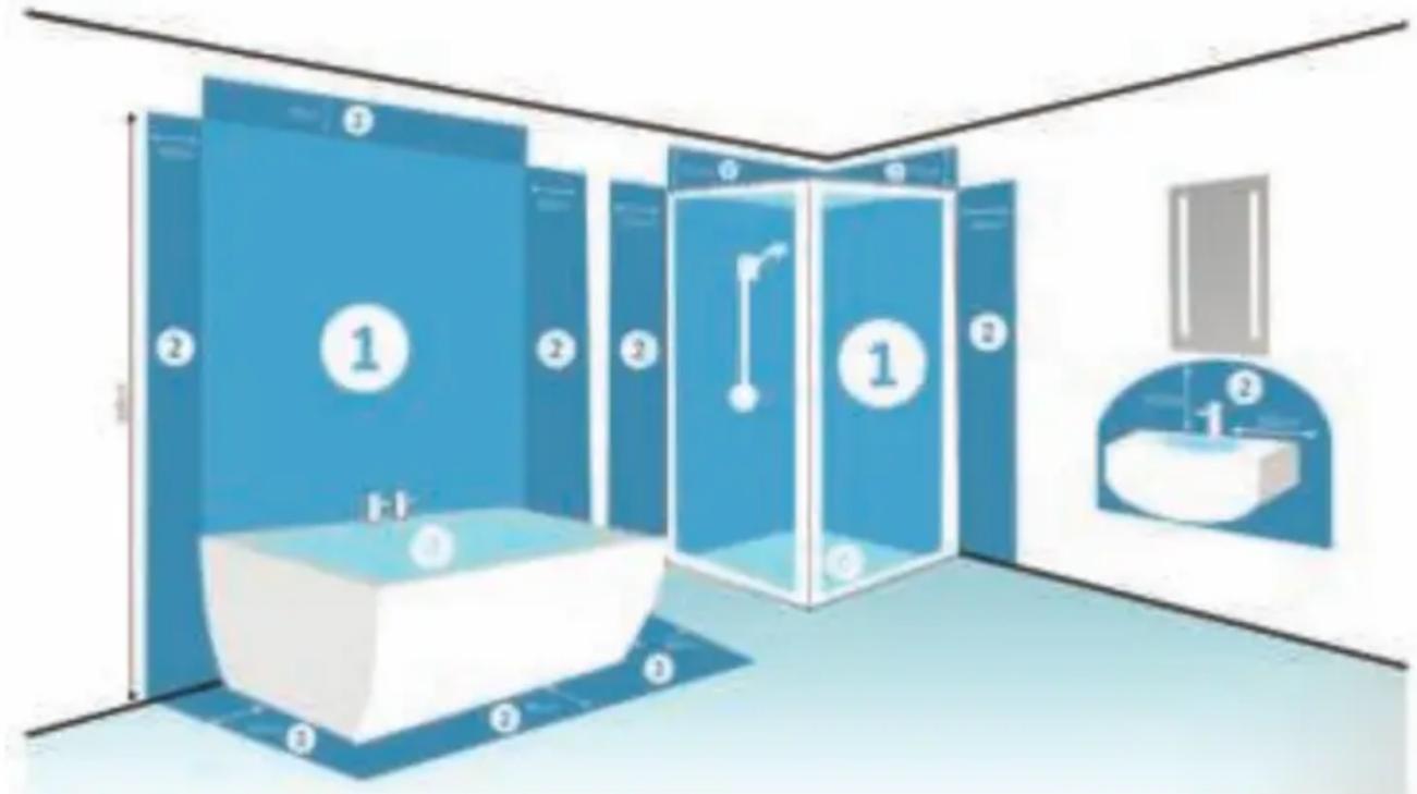 Diagram of a bathroom interior with labeled fixtures and fixtures, including shower chambers, sink, and bathroom fixtures.