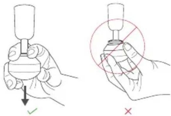 Diagram showing two hand positions: one holding a bottle with a downward arrow and checkmark, the other holding a bottle with a circle and cross symbol indicating prohibition.