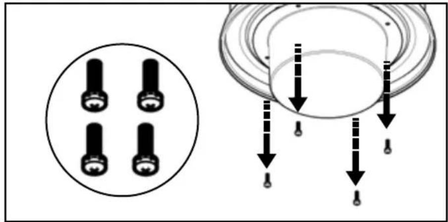 Diagram showing two sets of mechanical components with arrows indicating downward motion or force, alongside a circular diagram with four cylindrical pins.