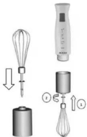 Diagram illustrating a cooking process with whisk, container, and vial, showing steps to move or adjust.