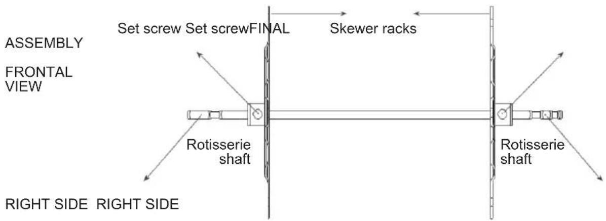 ASSEMBLY FRONTAL VIEW Set screw Set screwFINAL Skewer racks Rotisserie shaft Rotisserie shaft RIGHT SIDE RIGHT SIDE