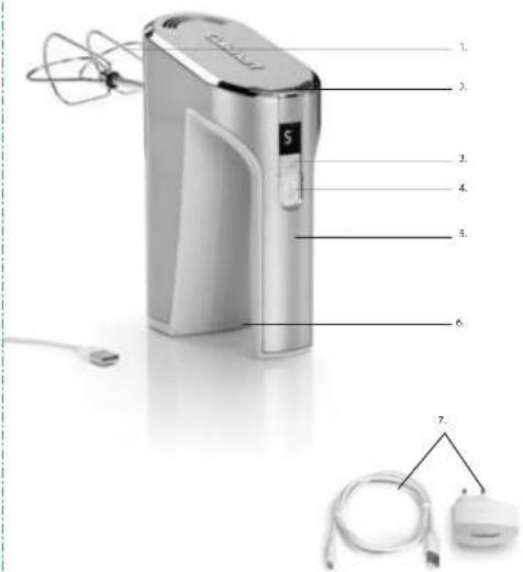 Labeled diagram of a smart appliance with numbered parts including power cord, cable, and display unit