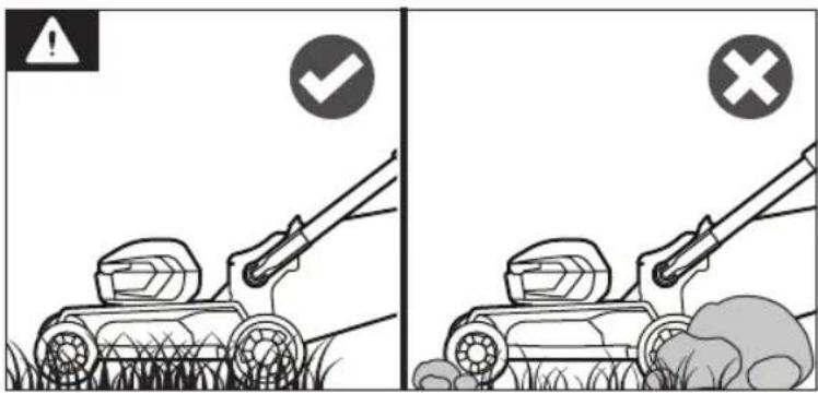 Two-panel cartoon showing a grass lawn with a grasser and a crossed tool, each marked with a warning symbol (injection sign and checkmark).