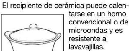 El recipiente de cerámica puede calentarse en un horno convencional o de microondas y es resistente al lavavajillas.