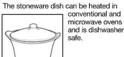 The stoneware dish can be heated in conventional and microwave ovens and is dishwasher safe.