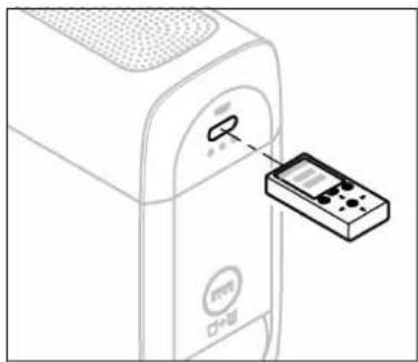Diagram showing a device with a control knob and a remote control panel connected to a display screen.