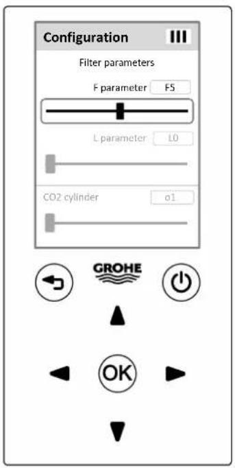 Configuration Filter parameters F parameter F5 L parameter L0 CO2 cylinder o1 GROHE