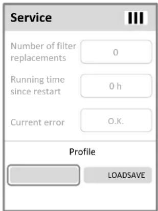 Service Number of filter replacements 0 Running time since restart 0 h Current error O.K. Profile LOADSAVE