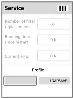 Service Number of filter replacements 0 Running time since restart 0 h Current error O.K. Profile LOADSAVE