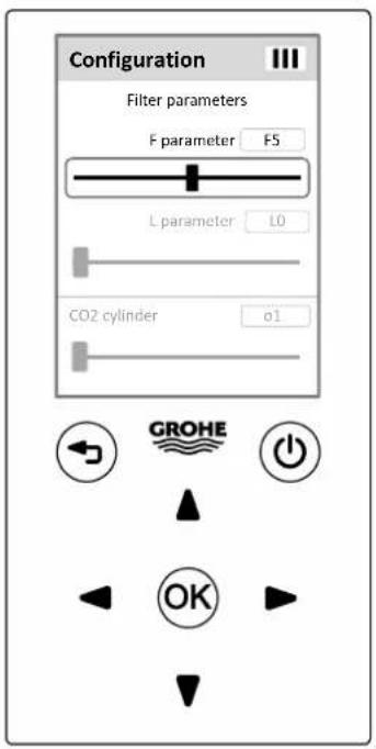 Configuration Filter parameters F parameter F5 L parameter L0 CO2 cylinder o1 GROHE OK