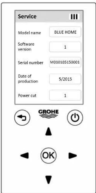Service Model name BLUE HOME Software version 1 Serial number MD10105150001 Date of production 5/2015 Power cut 1 GROHE OK