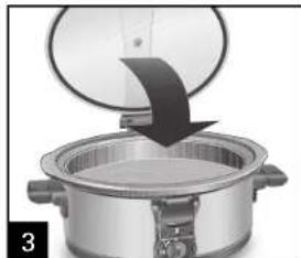 Close-up of a cooking pot with a lid and a curved arrow indicating a drop (no text or symbols visible)