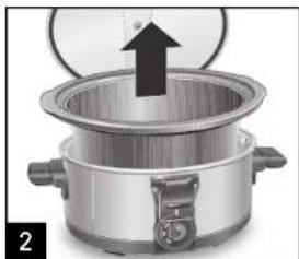 Illustration of a stainless steel rice cooker with an upward arrow indicating heating (no text or symbols)