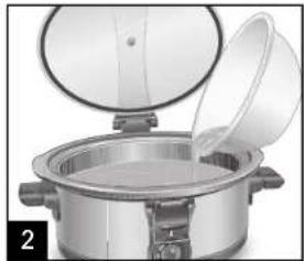 Exterior view of a stainless steel hot pot with lid open, showing lid and side handles (no text or symbols)