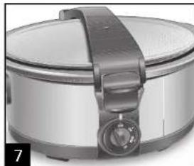 Close-up of a stainless steel rice cooker with a black strap and control knob (no visible text or symbols)