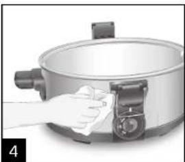 Hand cleaning a large rice cooker with a cloth (no text or symbols visible)