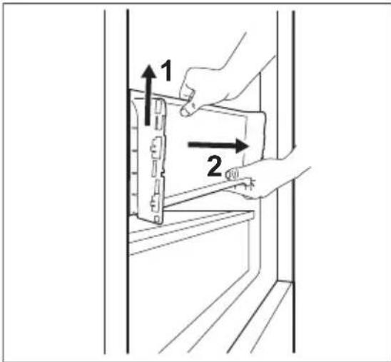 Diagram showing hand positioning of a device with labeled parts and directional arrows indicating movement or positioning.