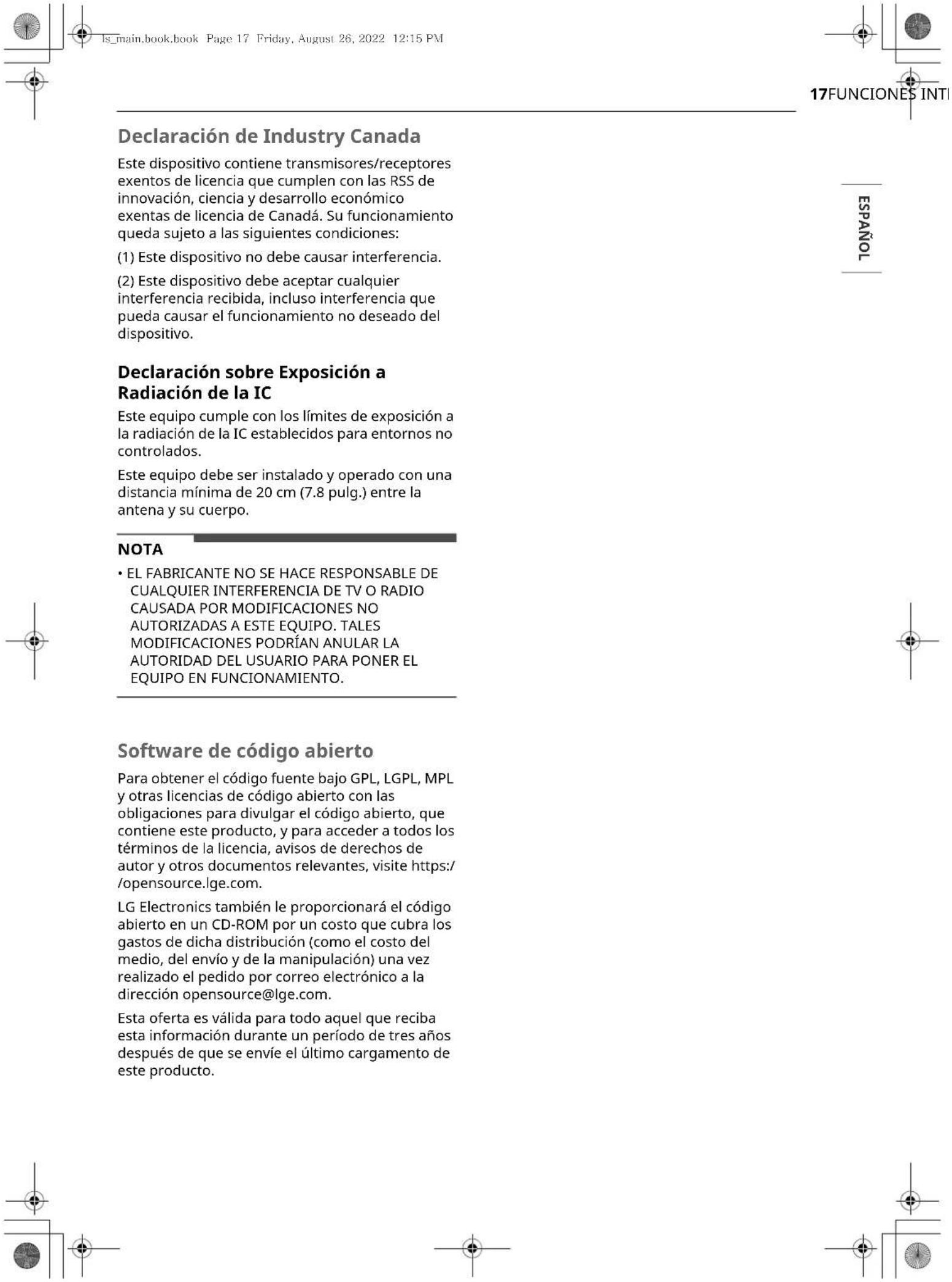 LG CBGS3628S - Declaración sobre exposión a la radiación de RF de la FCC - 1