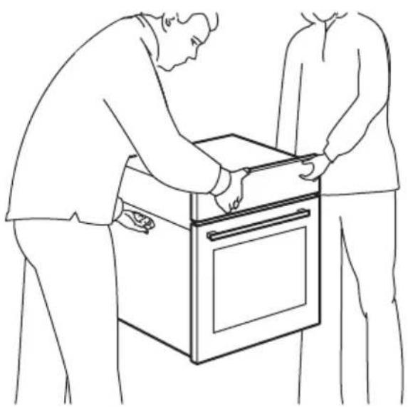 Line drawing of two people assembling a kitchen oven (no text or symbols)