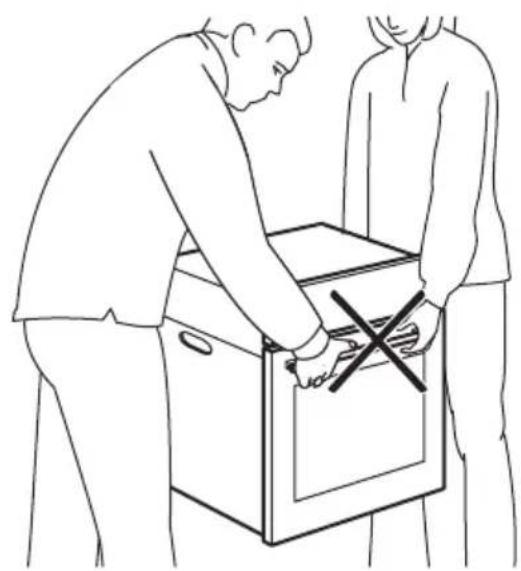 Line drawing of two people handling a cabinet with a cross mark (no text or symbols)