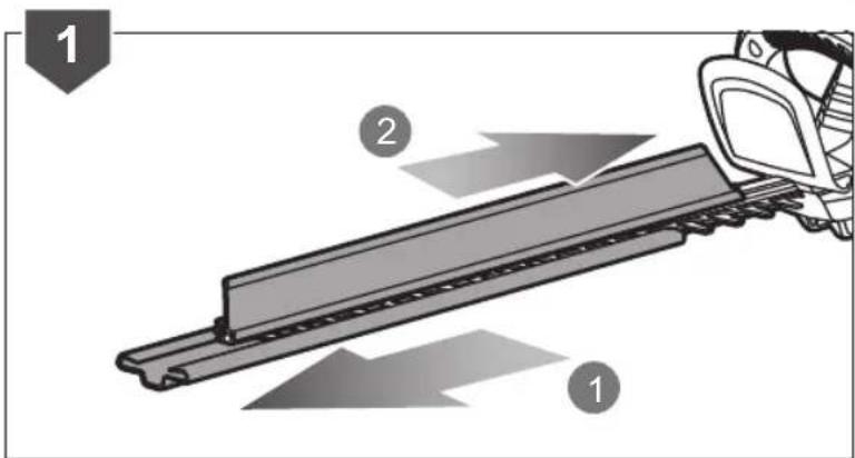 Diagram showing a mechanical assembly with labeled parts 1, 2, and directional arrows indicating motion or flow.