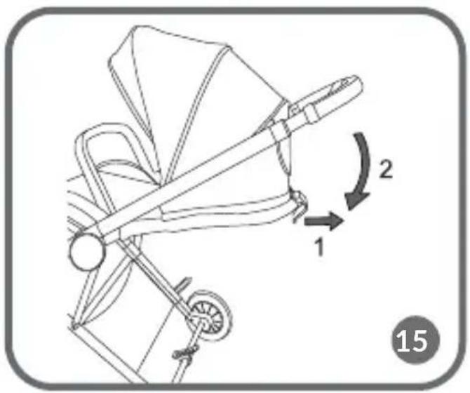 Technical diagram of a baby stroller with labeled parts and directional arrows indicating motion or movement.