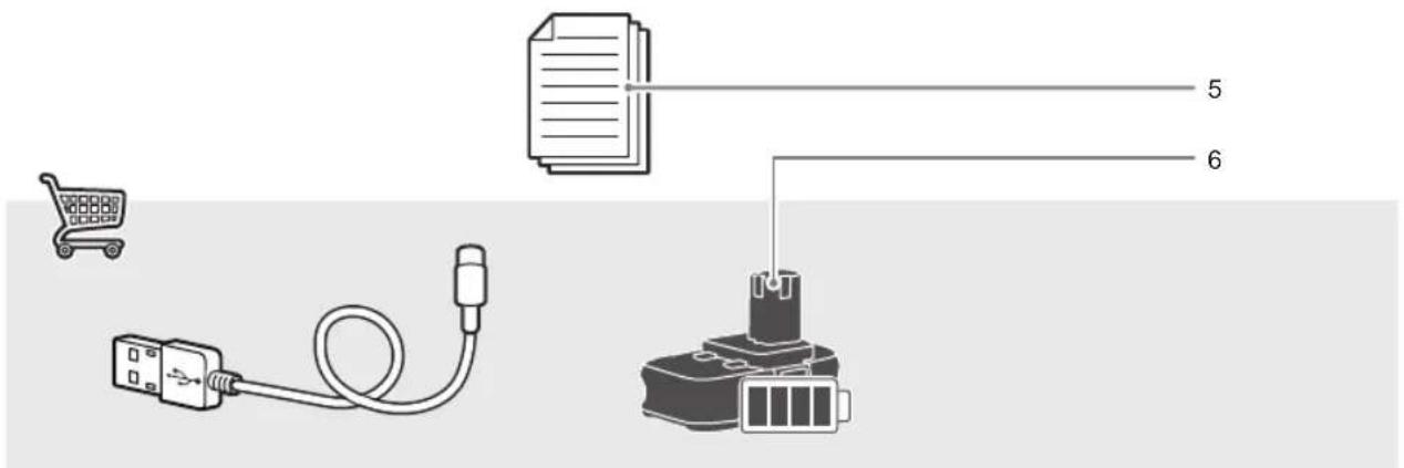 Diagram showing components of a device with labeled parts: shopping cart, USB cable, document, and battery.