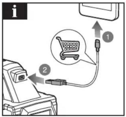 Diagram showing a device connected to a shopping cart with labeled parts and directional arrows