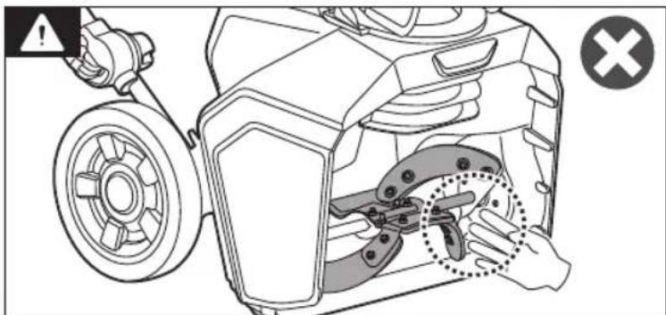 Technical diagram showing a mechanical assembly with labeled components and warning symbols