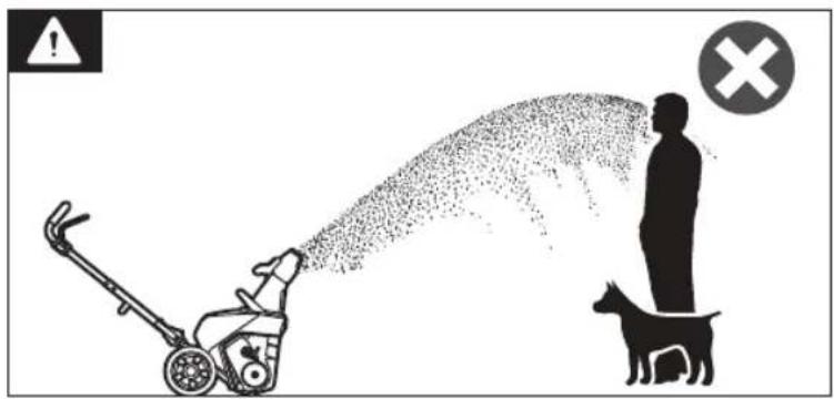 Safety warning illustration showing a lawn mower spraying water onto a dog, with a person standing on a dog and a cross symbol indicating no need.