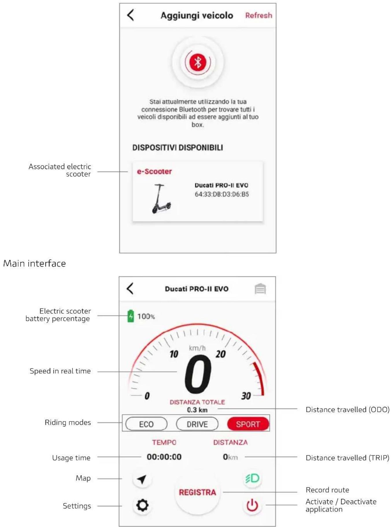 Aggiungi veicolo Refresh Stai attualmente utilizzando la tua connessione Bluetooth per trovare tutti i veicoli disponibili ad essere aggiunti al tuo box. DISPOSITIVI DISPONIBILI Associated electric scooter e-Scooter Ducati PRO-II EVO 64:33:DB:D3:D6:B5 Main interface Electric scooter battery percentage 100% Speed in real time Riding modes ECO DRIVE SPORT TEMPO DISTANZA 00:00:00 0km Usage time Map REGISTRA Record route Activate / Deactivate application Settings