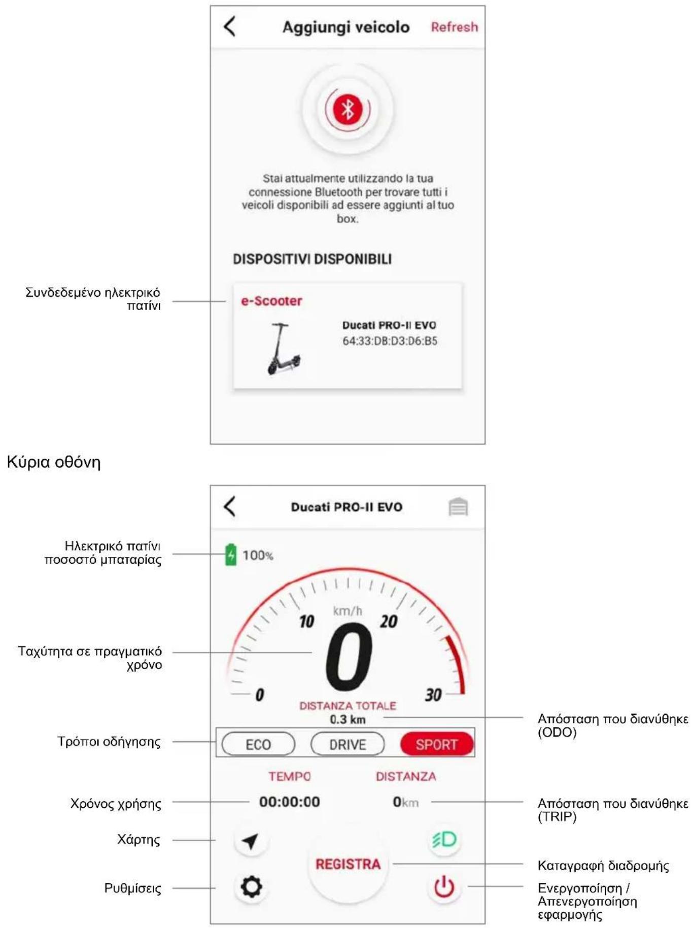 Aggiungi veicolo Refresh Stai attualmente utilizzando la tua connessione Bluetooth per trovare tutti i veicoli disponibili ad essere aggiunti al tuo box. DISPOSITIVI DISPONIBILI Συνδεδεμένο ηλεκτρικό πατίνι e-Scooter Ducati PRO-II EVO 64:33:D8:D3:D6:B5 Κύρια οθόνη Ducati PRO-II EVO Ηλεκτρικό πατίνι ποσοστό μπαταρίας 100% 10 km/h 20 0 DISTANZA TOTALE 30 0.3 km Ταχύτητα σε πραγματικό χρόνο ΕCO DRIVE SPORT Απόσταση που διανύθηκε (ODO) Τρόποι οδήγησης ΕΤΜΡΟ DISTANZA Χρόνος χρήσης 00:00:00 0km Χάρτης REGISTRA Καταγραφή διαδρομής Ρυθμίσεις Ενεργοποίηση / Απτενεργοποίηση εφαρμογής