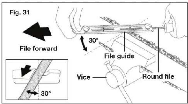 Fig. 31 File forward 30° File guide Vice Round file 30°