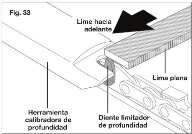 Fig. 33 Lime hacia adelante Lima plana Herramienta calibradora de profundidad Diente limitador de profundidad