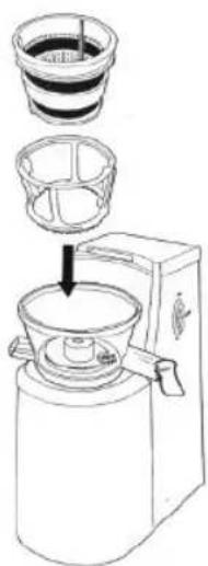 Diagram showing a coffee maker with a side bowl and a drop funnel, illustrating the process of coffee being poured into a filter.