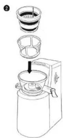 Diagram showing a coffee maker with a lid and a side bowl, illustrating the process of adding liquid into a container.