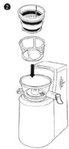Diagram showing a coffee maker with a lid and a side bowl, illustrating the process of adding liquid into a container.
