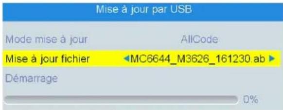 Mise à jour par USB Mode mise à jour AllCode Mise à jour fichier «MC8644_M3626_161230.ab ▶ Démarrage 0%