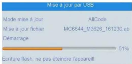 Mise à jour par USB Mode mise à jour AllCode Mise à jour fichier MC6644_M3626_161230.ab Démarrage 51% Ecriture flash, ne pas éteindre l'appareil!