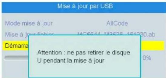 Mise à jour par USB Mode mise à jour AllCode Mise à jour fichier MC6644_M3628_161230.ab Démarra Attention : ne pas retirer le disque U pendant la mise à jour 0%