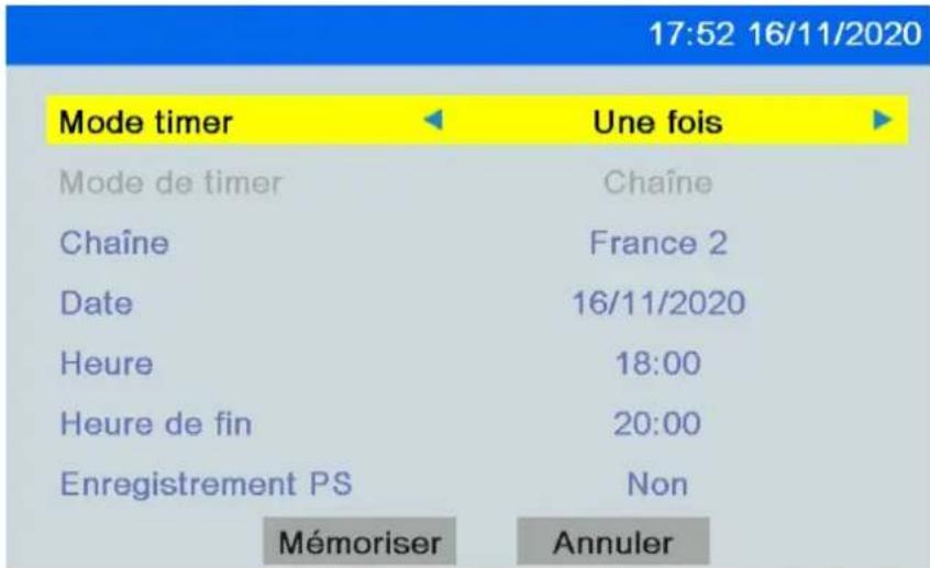 17:52 16/11/2020 Mode timer Une fois Mode de timer Chaîne Chaîne France 2 Date 16/11/2020 Heure 18:00 Heure de fin 20:00 Enregistrement PS Non Mémoriser Annuler