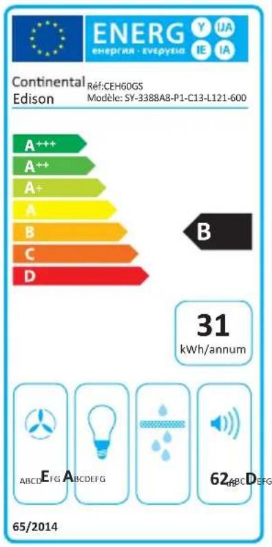 ENERG energria - evergyia Y IJA IE IA Continental Réf:CEH60GS Modelle: SY-3388A8-P1-C13-L121-600 Edison A++ A++ A+ A B C D B 31 kWh/annum 65/2014 E A B C D E F G ABCD EFG ABCDEFG S 62 ABCD EFG