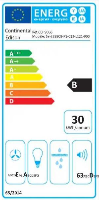Continental Réfé:CEH90GS Modèle: SY-3388C8-P1-C13-L121-900 Edison A++ A++ A+ A B C D B 30 kWh/annum 65/2014 E A ABCDEFG 63 ABCDEFG