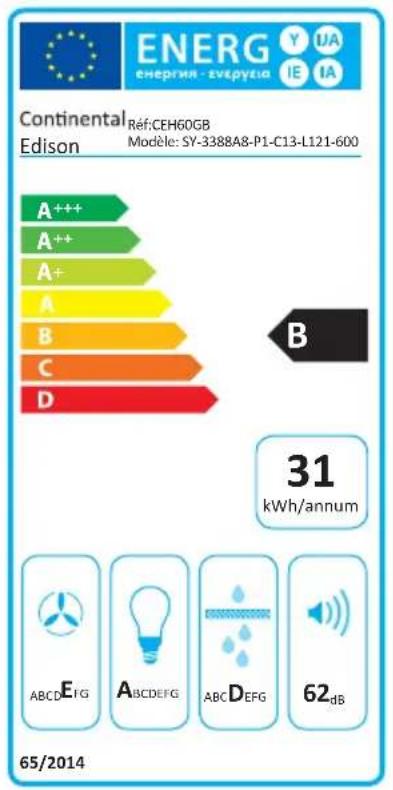 ENERG energria - evirpycia Y UA IE IA Continental Réf:CEH60GB Modèle: SY-3388A8-P1-C13-L121-600 Edison A++ A++ A+ A B C D B 31 kWh/annum ABCD EFG ABCD EFG ABCD EFG 62-dB 65/2014