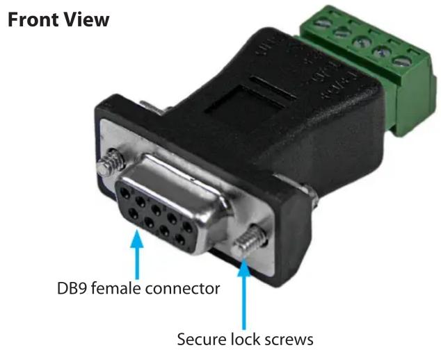 Front View DB9 female connector Secure lock screws